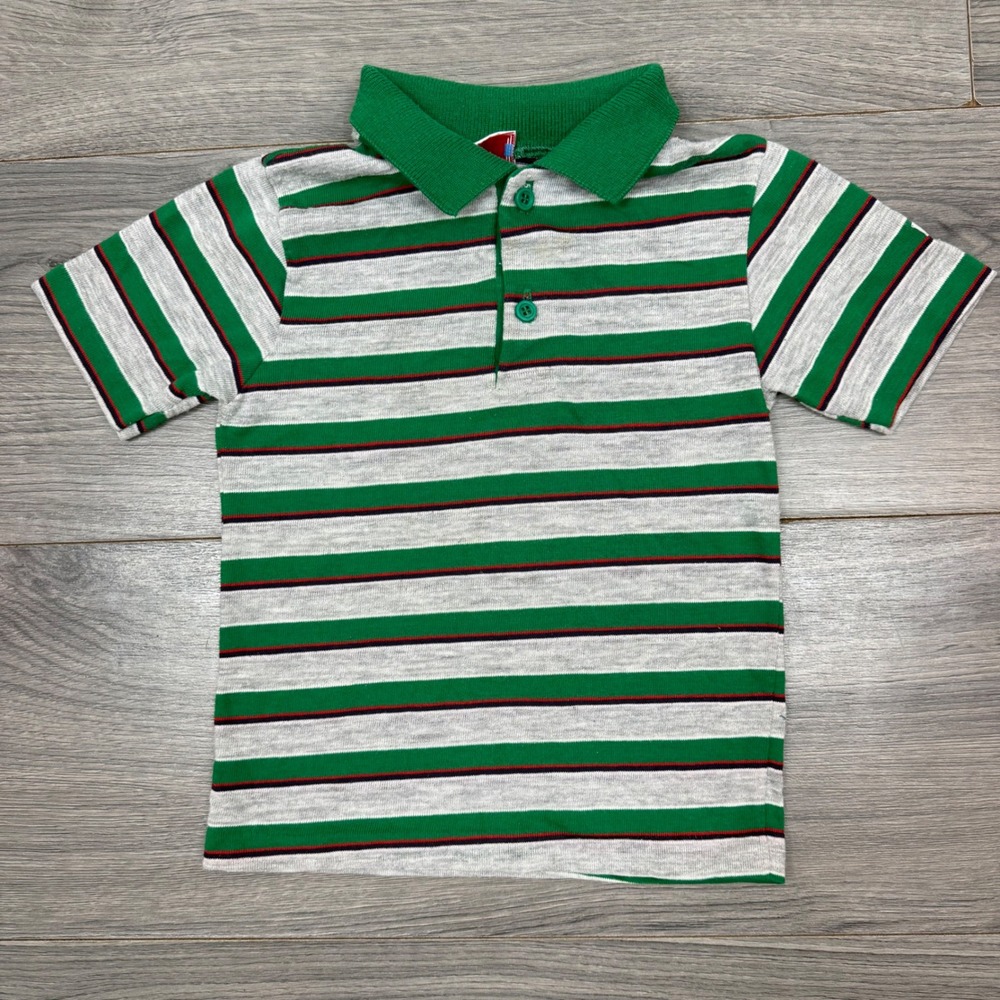 Vintage Argo Boys Striped Polo Green Gray Short Sleeve Tee‎ Size 7 Preppy